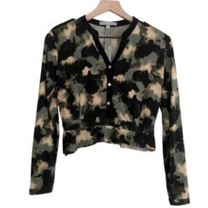 NY New York Collection Petite Crop Long Sleeve Camo Camouflage Button Blouse Top